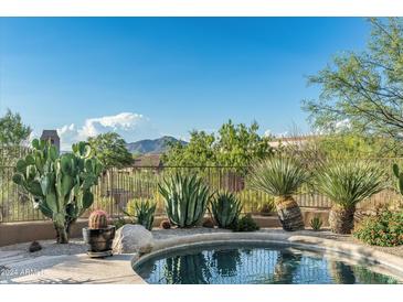 Private pool with a view of mountains and desert plants at 9908 E Cavalry Dr, Scottsdale, AZ 85262