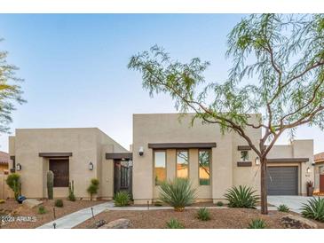 Tan stucco home with modern architectural details and landscaping at 31010 N 117Th Dr, Peoria, AZ 85383