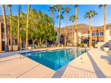 Sparkling community pool surrounded by palm trees and lush landscaping at 1601 W Sunnyside Dr # 154, Phoenix, AZ 85029