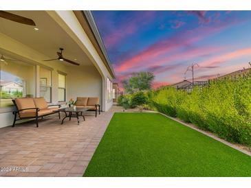 Relaxing backyard with artificial turf and covered patio at 726 E Citrus Hollow Way, Queen Creek, AZ 85140