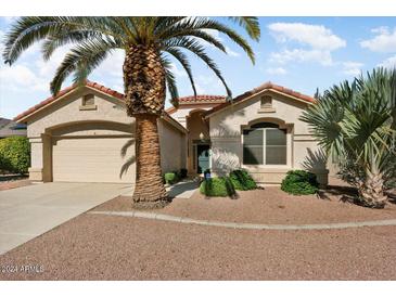 Single-story home with a tan exterior and palm trees at 17828 W Mariposa Dr, Surprise, AZ 85374