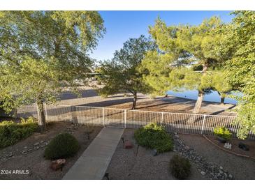 Backyard oasis with lake view, mature trees, and a walkway at 26218 S Brentwood Dr, Sun Lakes, AZ 85248