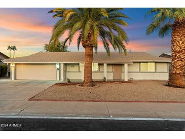 Single-story home with neutral exterior, attached garage, and palm trees at 10452 W Meade Dr, Sun City, AZ 85351