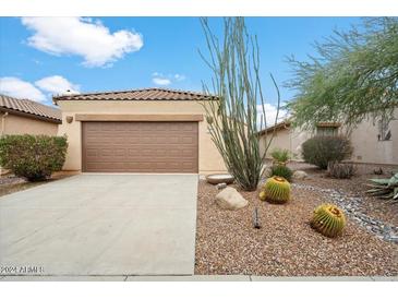Single-story home with brown garage door and desert landscaping at 10802 E Secret Canyon Rd, Gold Canyon, AZ 85118