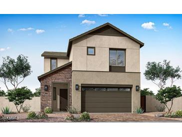 Two story house with stone accents and brown garage door at 1518 E Tiffany Way, Gilbert, AZ 85298