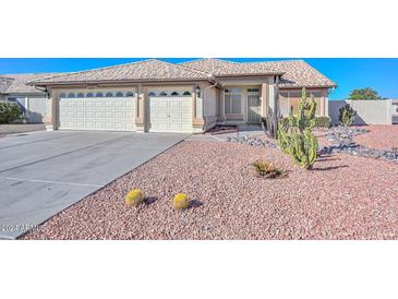 Single-story home with desert landscaping and a two-car garage at 20058 N 109Th Dr, Sun City, AZ 85373