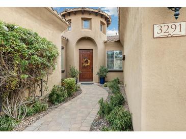 Inviting entryway with a paved walkway, lush landscaping, and a charming wooden door at 3291 E Cherrywood Pl, Chandler, AZ 85249