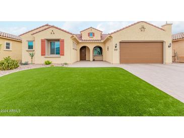 Single-story home with a two-car garage and artificial turf at 7369 W Cactus Wren Way, Florence, AZ 85132