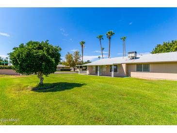 Large backyard with grassy area and partial view of home at 18001 N 99Th Dr, Sun City, AZ 85373