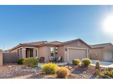 Single-story home with landscaped front yard, two-car garage, and inviting patio at 11009 W Wikieup Ln, Sun City, AZ 85373