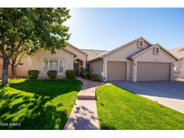 Single-story home with two-car garage, well-manicured lawn, and stone pathway at 4113 W Bart Dr, Chandler, AZ 85226