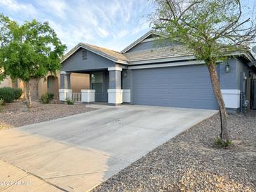 Single-story home with gray exterior, two-car garage, and landscaped front yard at 44852 W Sage Brush Dr, Maricopa, AZ 85139