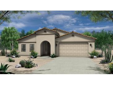 Exterior elevation of a single-story home with a two-car garage and desert landscaping at 1365 E Avenida Ellena Ln, Casa Grande, AZ 85122