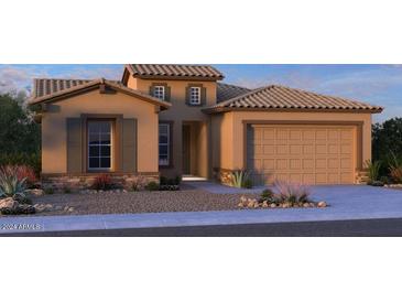 Charming two-story home with a tile roof, stone accents, and a two-car garage at 5863 S Romano --, Mesa, AZ 85212