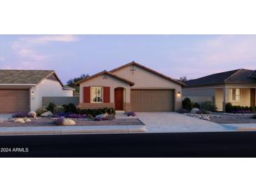 Charming single-story home with a welcoming front porch and landscaped yard at 43386 N Wollemi St, Queen Creek, AZ 85140