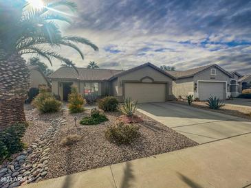 Single-story home with desert landscaping, two-car garage, and a paved driveway at 43217 W Chisholm Dr, Maricopa, AZ 85138