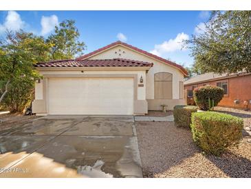 Single-story house with a two-car garage and well-maintained landscaping at 45513 W Sky Ln, Maricopa, AZ 85139