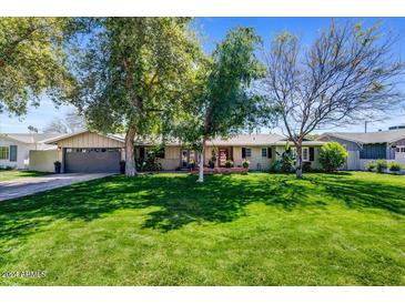 Ranch style home with mature landscaping and a large grassy yard at 4047 E Highland Ave, Phoenix, AZ 85018