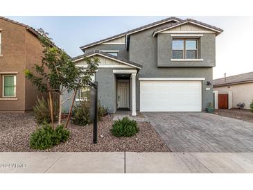Two-story house with gray siding, white garage door, and landscaped front yard at 11311 E Upton Ave, Mesa, AZ 85212