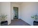 Modern entryway with dark green door and potted plants at 17807 E Silver Sage Ln, Rio Verde, AZ 85263