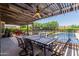 Inviting pool area with a covered patio, table, and chairs at 3314 E Azalea Dr, Gilbert, AZ 85298