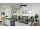 Bright living room featuring a gray sofa and two armchairs, coffee table, and modern decor at 8055 E Thomas Rd # E117, Scottsdale, AZ 85251