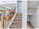 Carpeted staircase with wrought iron railing and storage closet at 44263 W Palmen Dr, Maricopa, AZ 85138