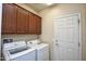 Laundry room, including LG washer and dryer, and cabinets at 21853 N 261St Ave, Buckeye, AZ 85396