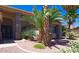 Landscaped front yard with mature palm trees and a stone pathway at 10220 E Cochise Dr, Scottsdale, AZ 85258
