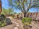 Landscaped backyard with a stone patio and mature trees at 40261 N La Cantera Dr, Anthem, AZ 85086