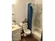 Clean bathroom with shower stall, toilet and vanity at 605 N Lesueur Cir, Mesa, AZ 85203