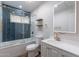 Modern bathroom with navy herringbone tile and gold fixtures at 4943 E Indian School Rd # 4, Phoenix, AZ 85018