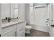 Small bathroom with a vanity, toilet, and shower/tub combo at 22678 E Pegasus Pkwy, Queen Creek, AZ 85142