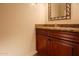 Bathroom with granite countertop, single sink, and dark wood cabinets at 19950 W Cambridge Ave, Buckeye, AZ 85396