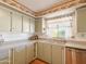 View of kitchen sink and cabinets with floral border at 120 N Val Vista Dr # 264, Mesa, AZ 85213