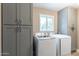 Convenient laundry room with gray cabinets and washer and dryer at 8608 E Angus Dr, Scottsdale, AZ 85251