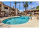 Inviting community pool with surrounding lounge chairs and palm trees at 930 N Mesa Dr # 2037, Mesa, AZ 85201