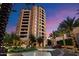 Luxury high rise building exterior at sunset at 7175 E Camelback Rd # 107, Scottsdale, AZ 85251