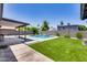 Landscaped backyard with a refreshing pool and artificial turf at 2616 S Extension Rd, Mesa, AZ 85210