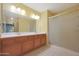 Bathroom offers a double vanity, large mirror, and a walk-in shower at 13818 W Greenview Dr, Sun City West, AZ 85375