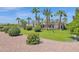 Luxury home with a spacious backyard, palm trees, and a covered patio at 3749 E Juniper Cir, Mesa, AZ 85205