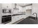 Modern kitchen with white cabinets, stainless steel appliances, and dark countertops at 9239 E Spiral Ave, Mesa, AZ 85212