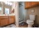 Clean bathroom with shower, toilet and wood cabinets at 26028 N 66Th Dr, Phoenix, AZ 85083