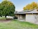 Landscaped backyard with a large tree and solar panels at 19202 N Signal Butte Cir, Sun City, AZ 85373