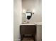 Small bathroom with dark wood vanity, oval mirror, and modern lighting at 42035 N 113Th Way, Scottsdale, AZ 85262