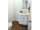 Clean bathroom with white vanity, marble countertop, and tile floor at 7300 N 51St Ave # F93, Glendale, AZ 85301