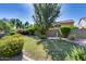 Landscaped backyard with lush lawn, flowering plants, and a stone fountain at 16449 W Shangri La Rd, Surprise, AZ 85388