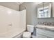 Clean bathroom with shower/tub combo and granite vanity at 1045 N Granite Reef Rd, Scottsdale, AZ 85257