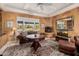 Cozy Gathering room featuring a fireplace, built-in shelving, and large windows at 6620 E Stallion Rd, Paradise Valley, AZ 85253