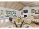Elegant living room with high ceilings, a fireplace, and a view of the pool at 8575 E Sharon Dr, Scottsdale, AZ 85260